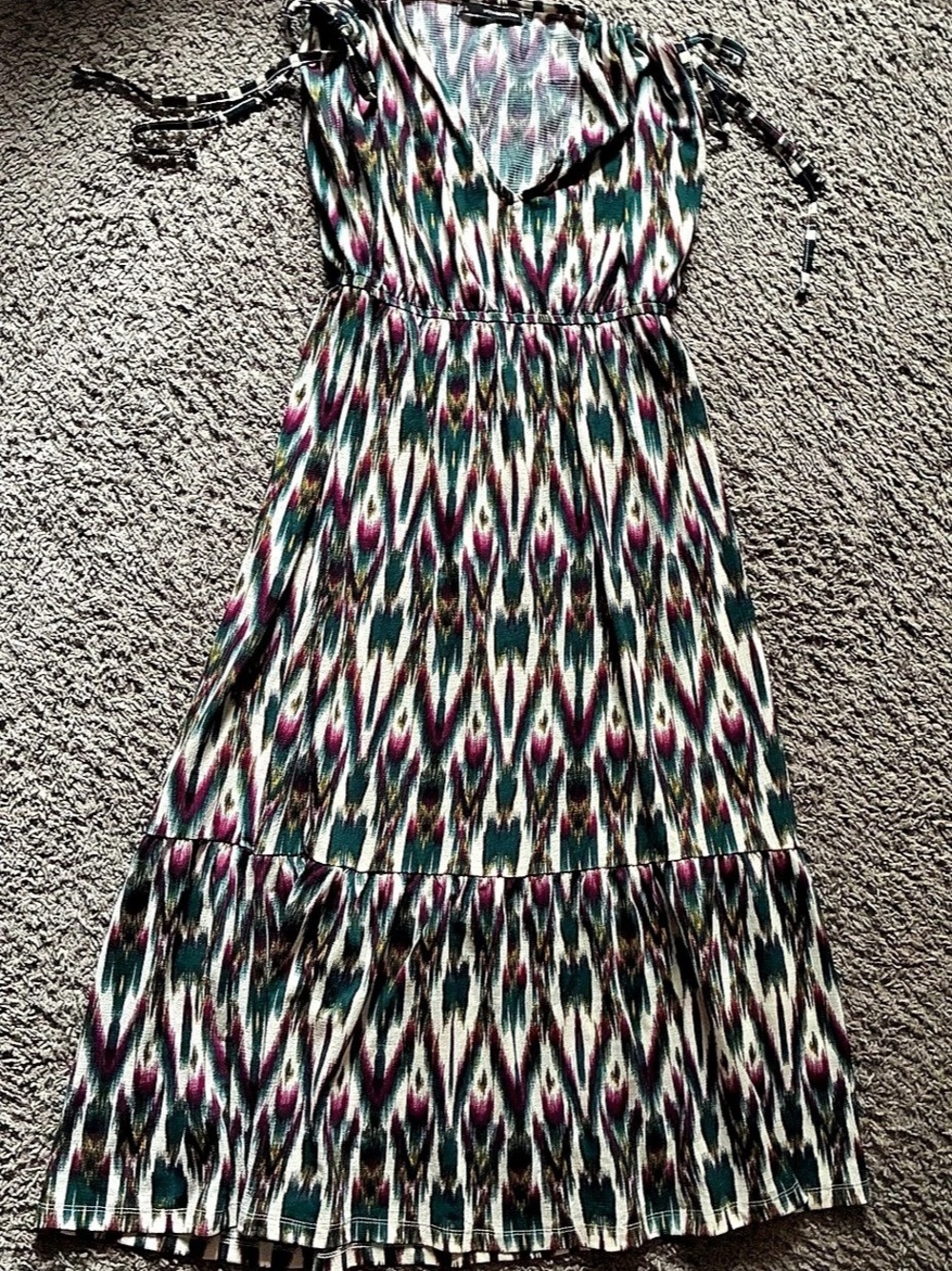 Sfera Collection Ikat Print Boho Midi Dress Tie Shoulder Tiered Hem Size S